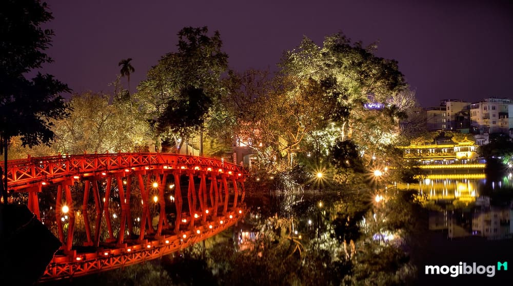 The Huc Bridge on Hoan Kiem Lake Hanoi
