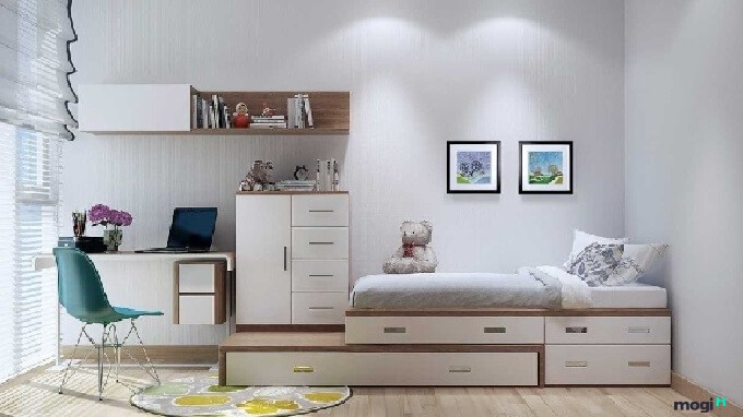 Đặt giường vào góc tường giúp tối ưu hoá không gian