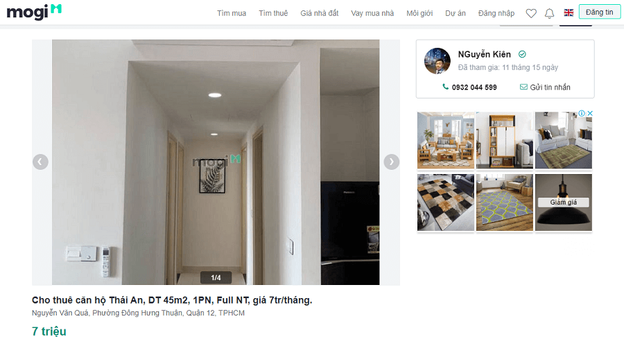# Cho thuê căn hộ Thái An, DT 45m2, 1PN, Full NT, giá 7 triệu /tháng