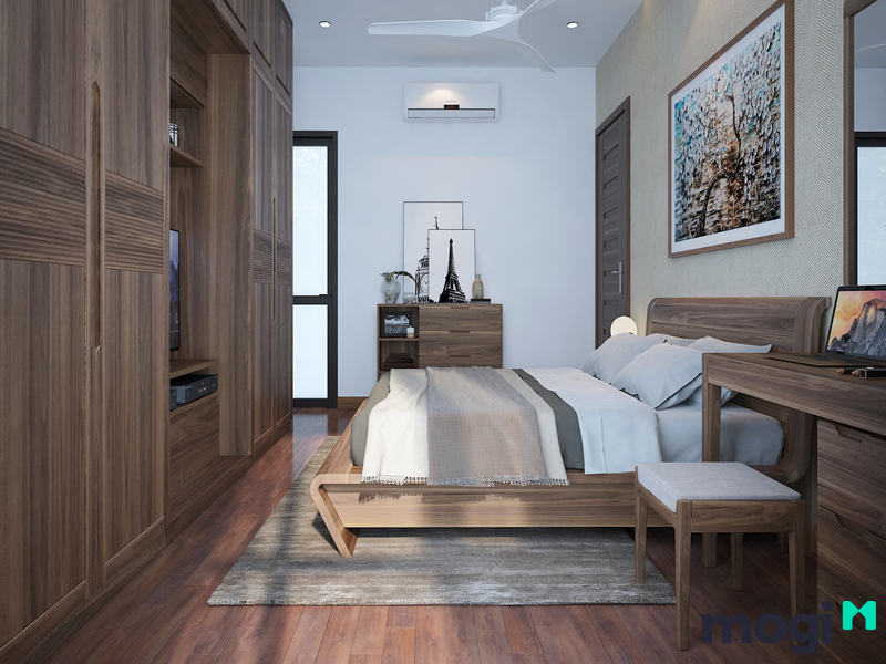 Một mẫu phòng ngủ ấn tượng với tông gỗ
