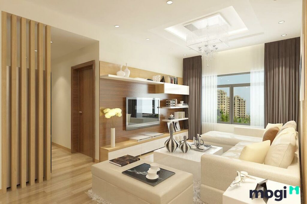 Phòng khách căn hộ chung cư này thu hút người nhìn bởi sự sáng sủa và nội thất đơn giản.