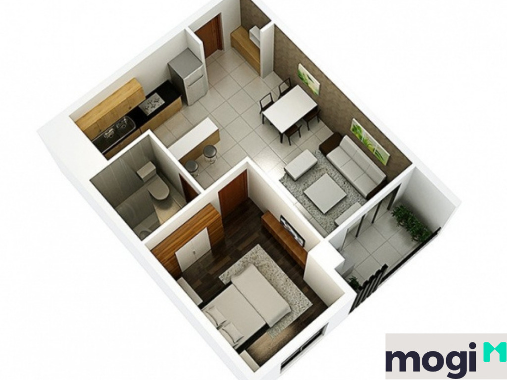 Phối cảnh 3D căn hộ điển hình (1 phòng ngủ) rộng 49,56m2 tại dự án CT Home Bình Thạnh