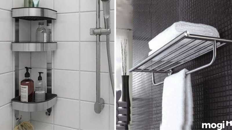 Sử dụng kệ treo tường khi thiết kế phòng tắm 5m2 để tối ưu không gian