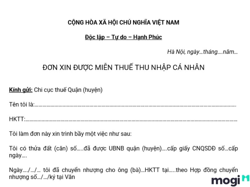 Mẫu đơn xin miễn thuế TNCN khi bán nhà