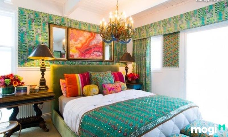 Phòng ngủ chiết trung màu xanh lục