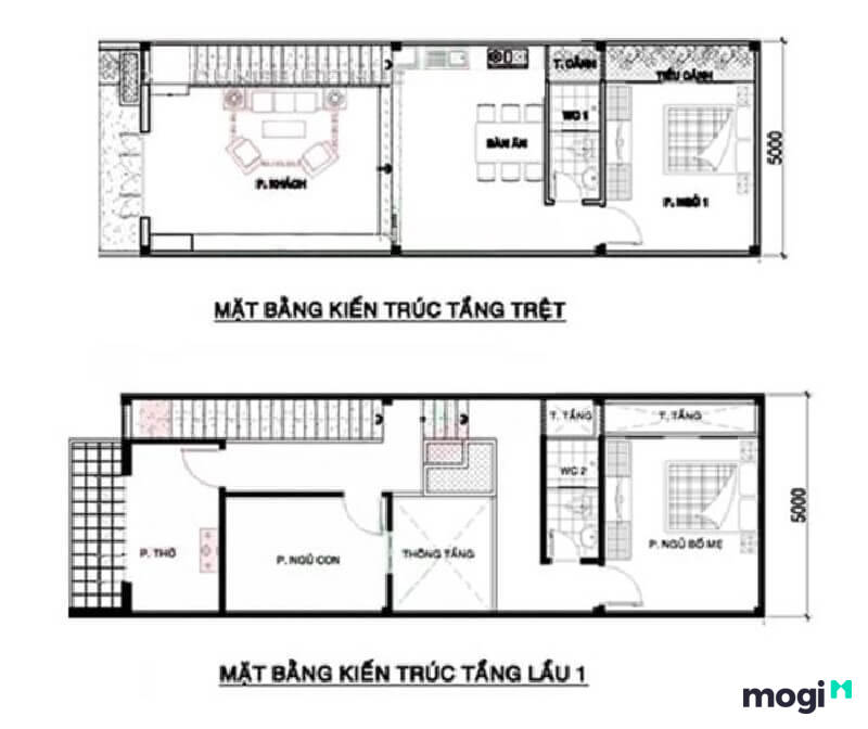 Mẫu nhà 2 tầng 3 phòng ngủ 5x15m 2023