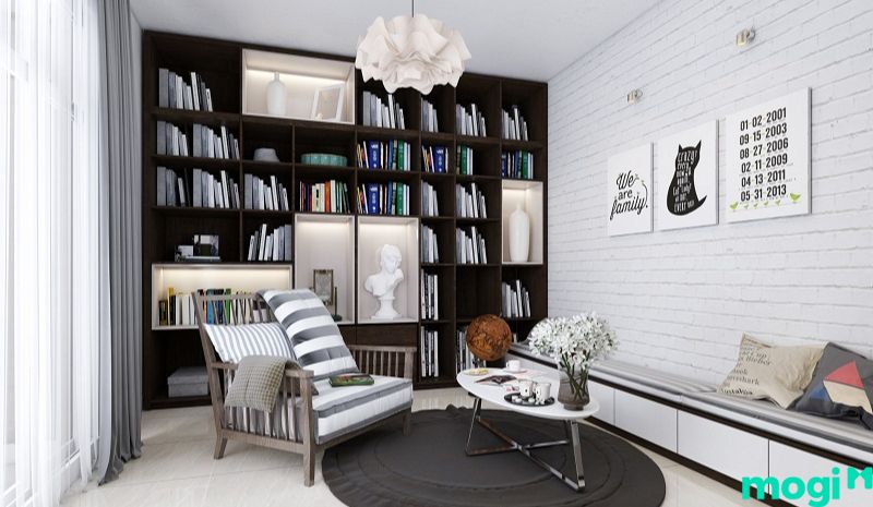 Mẫu 1 cho phòng đọc sách đẹp theo xu hướng kết hợp phòng khách