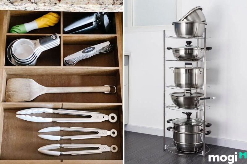 Cách sắp xếp nhà bếp gọn gàng sạch sẽ: Phân bổ đồ dùng theo chiều dọc.