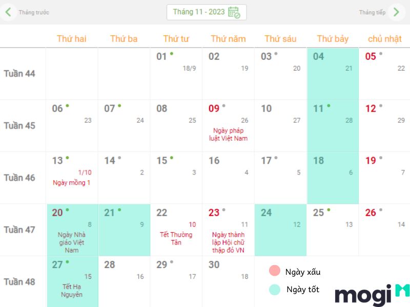 Ngày tốt tháng 11 năm 2023 tuổi Hợi