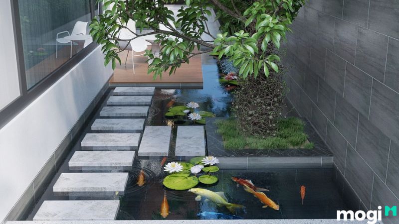 Mẫu nhà vườn 2 tầng với hồ cá koi