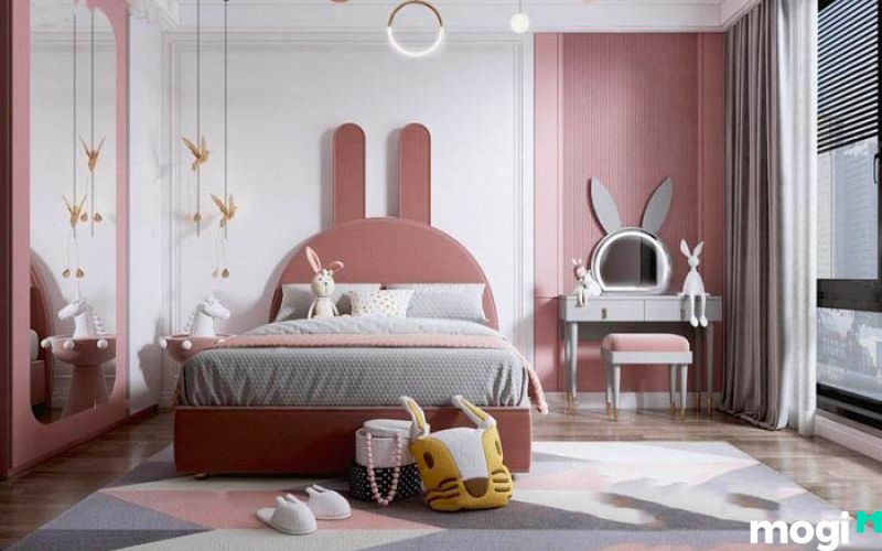 Thiết kế phòng ngủ cho bé gái hiện đại màu trắng và hồng 
