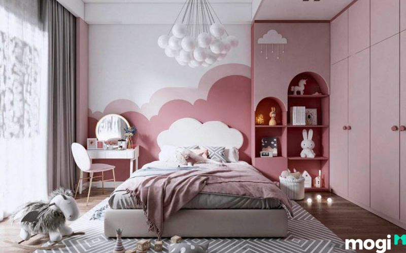 phòng ngủ bé gái hiện đại kết hợp giữa màu trắng và hồng 