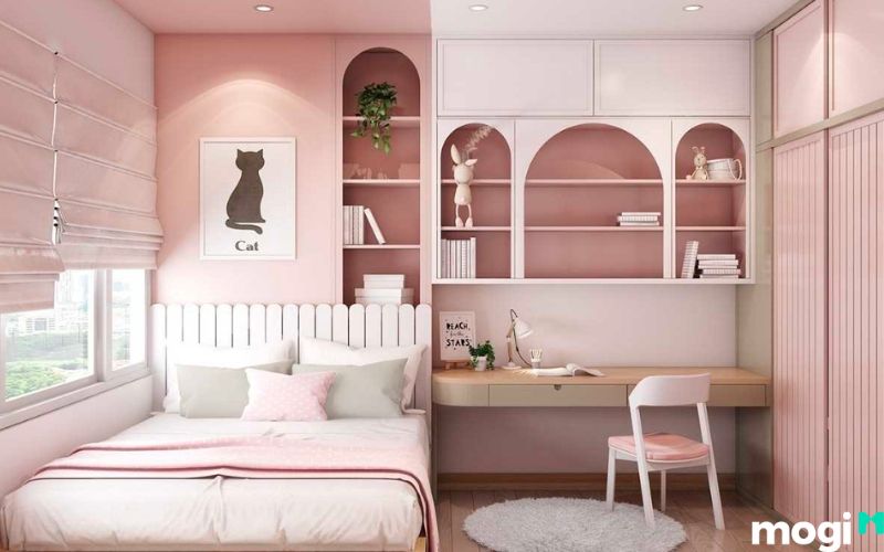 mẫu phòng ngủ bé gái theo tông màu hồng có bàn học