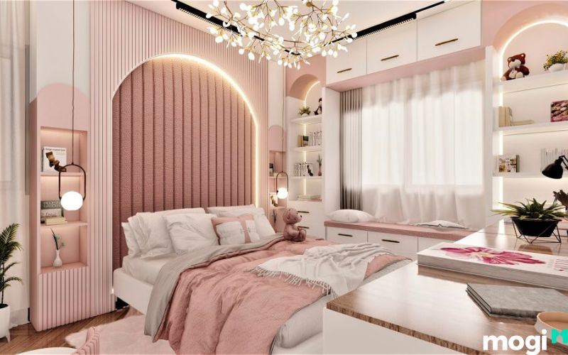 phòng ngủ bé gái hiện đại với màu chủ đạo là hồng
