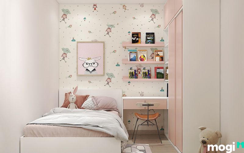 phòng ngủ bé gái lấy tông màu chủ đạo trắng và hồng 