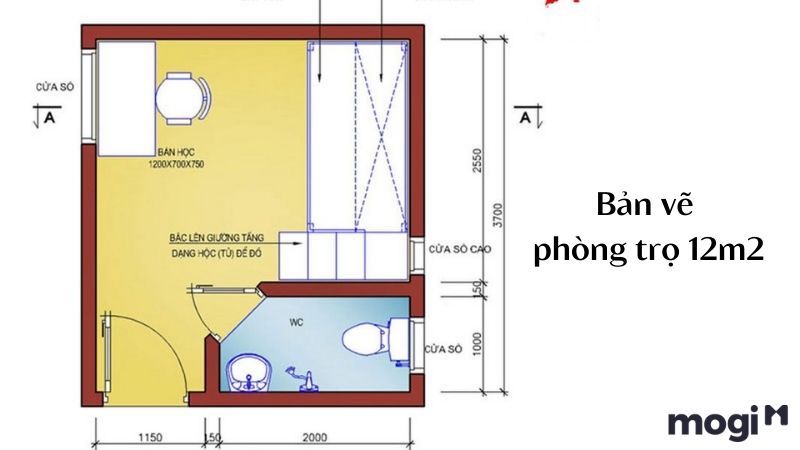 Bản vẽ thiết kế phòng trọ 12m2