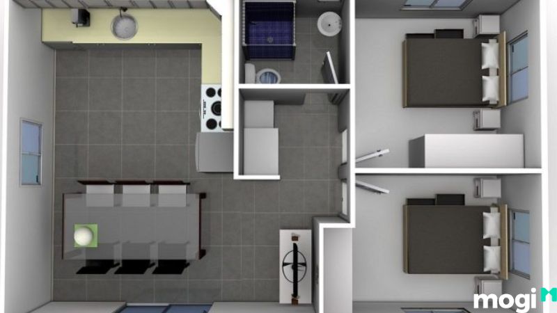 Mẫu thiết kế căn hộ 2 phòng ngủ 50m2 có ban công 