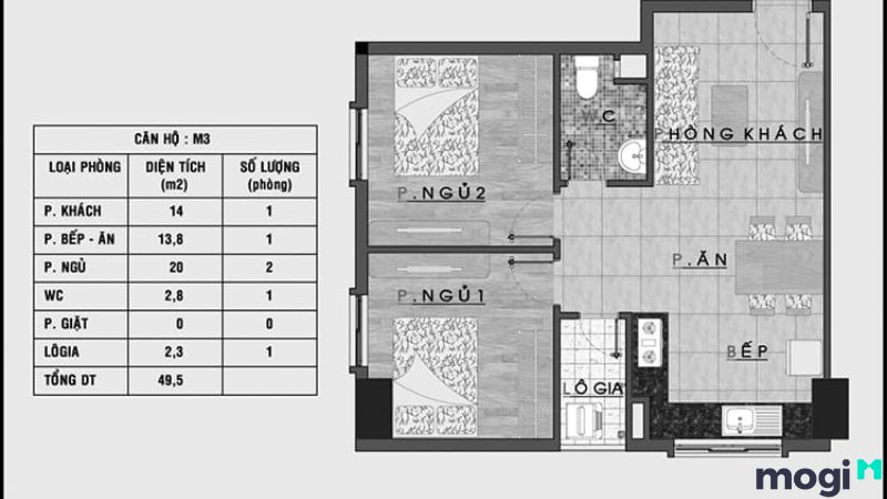 Mẫu thiết kế nội thất chung cư 50m2 2 phòng ngủ nằm góc tòa nhà