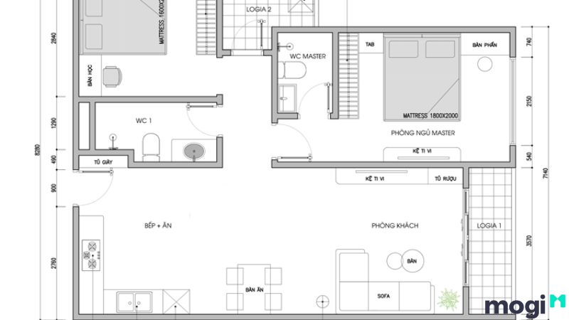 Mẫu thiết kế chung cư mini 50m2 2 phòng ngủ minimalism