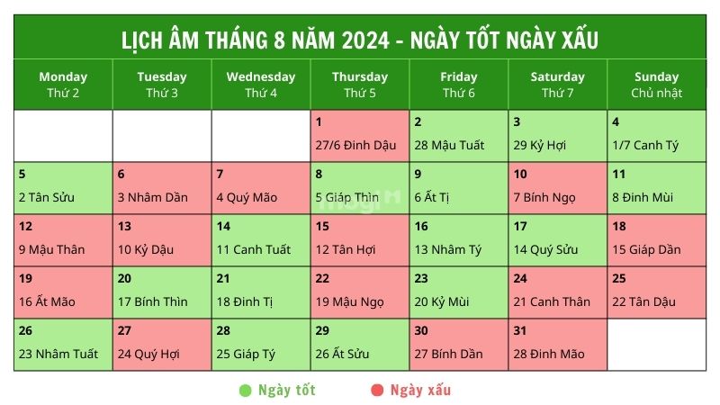 Lịch âm tháng 8 năm 2024 cập nhật chính xác nhất