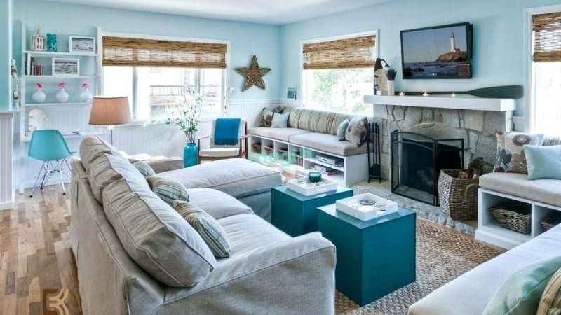 Mẫu phòng khách đẹp màu xanh mang đến cảm giác thoải mái, đem lại may mắn cho người mệnh Thủy