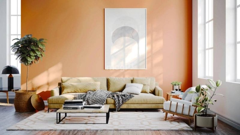 Mẫu phòng khách đẹp với tường màu cam nhạc, gắn tranh nghệ thuật và sử dụng đồ nội thất màu trung tính