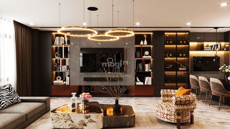 Mẫu phòng khách hiện đại đẹp sử dụng đồ nội thất hiện đại với tông màu nâu trầm kết hợp đèn vàng 