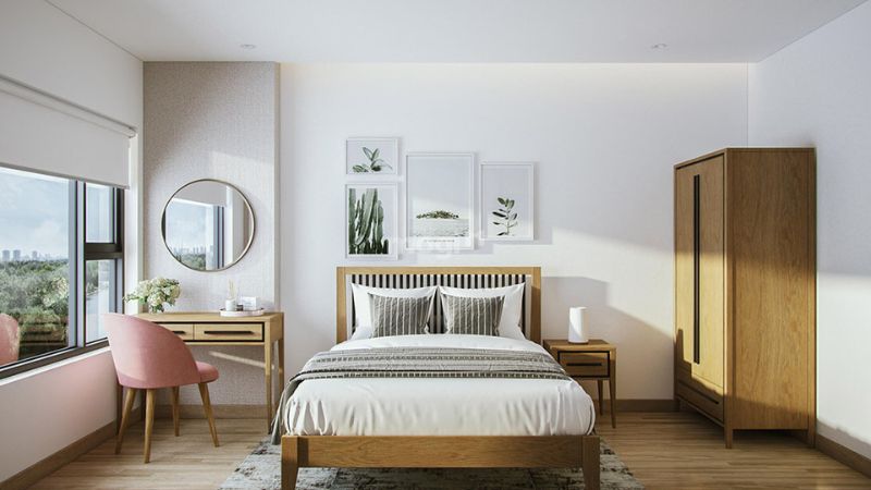 Giường ngủ phong cách Bắc Âu thiết kế đơn giản với gam màu trắng và chăn ga gối đệm màu trung tính