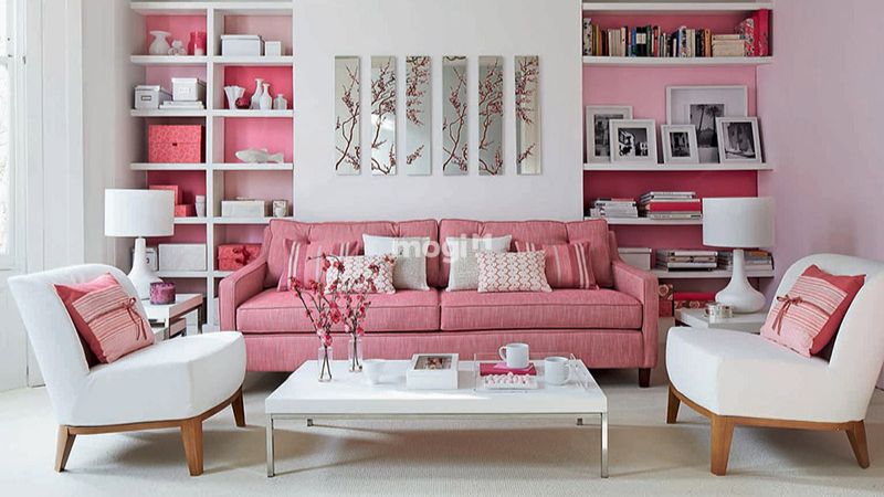 Mẫu phòng khách màu hồng cho người mệnh Hoả