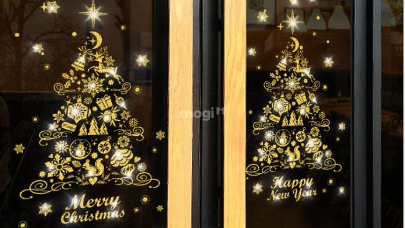 Trang trí cây thông noel trên cửa kính bằng decal dán kính