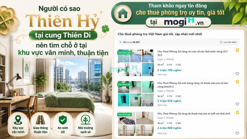 Sao Thiên Hỷ: Luận giải ý nghĩa tử vi tại các cung & Cách duy trì cát khí 5 Người có sao Thiên Hỷ tại cung Thiên Di có thể tham khảo phòng trọ cho thuê giá tốt tại Mogi