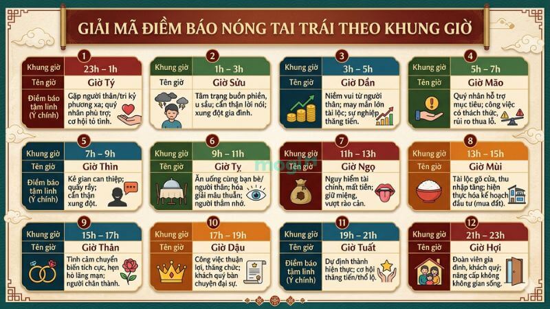 Nóng tai trái là điềm gì? Ý nghĩa tâm linh, nguyên nhân và cách trị 2 Điềm báo nóng tai trái theo 12 khung giờ