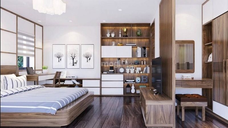 Một mẫu phòng ngủ hợp phong thủy khá thoáng đãng, ấm cúng nhờ màu gỗ chủ đạo