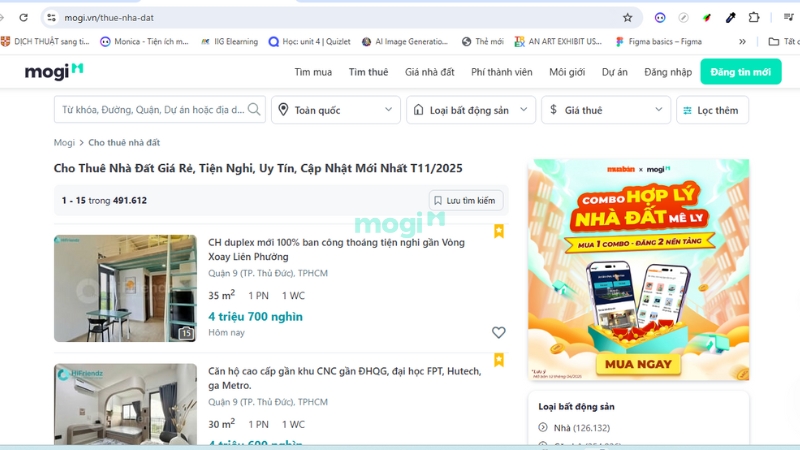 Giao diện website chính khi tìm trọ tại Mogi.vn 