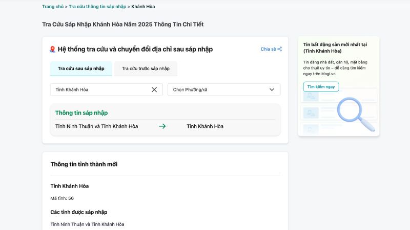 Tra cứu sáp nhập tỉnh Khánh Hoà trên Mogi