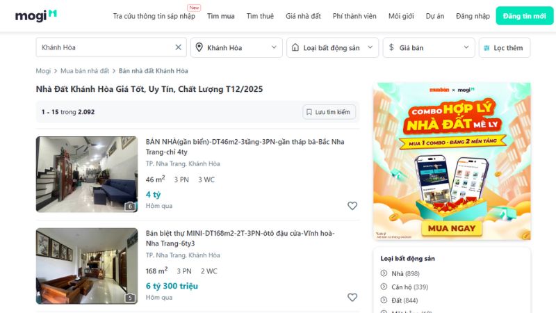 Giao diện tra cứu giá nhà đất tỉnh Khánh Hòa tại Mogi.vn