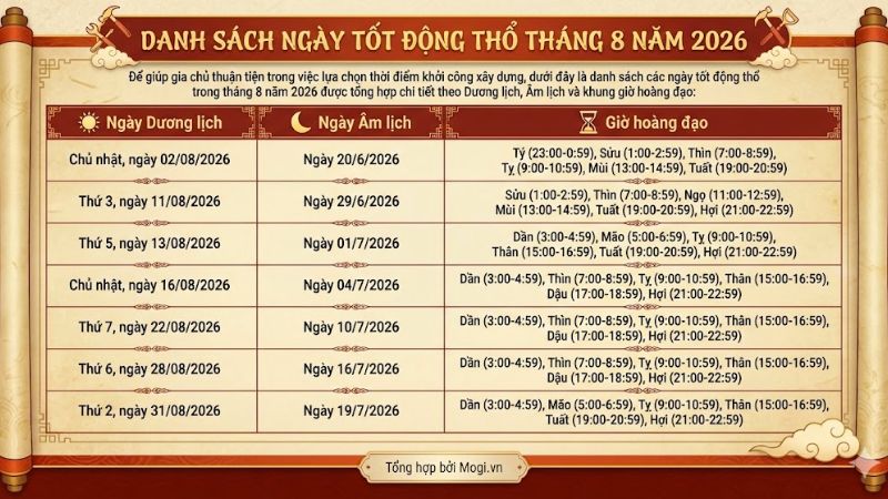 Danh sách ngày tốt động thổ tháng 8 năm 2026
