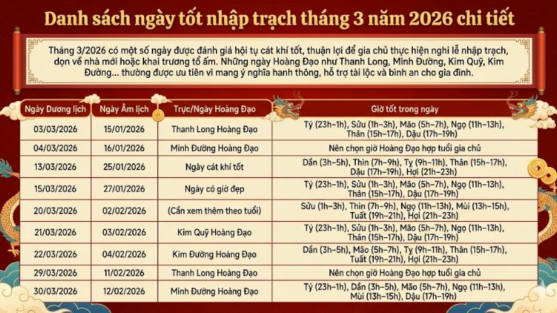 Hướng dẫn chọn ngày tốt nhập trạch tháng 3 năm 2026 hợp phong thủy 2 Danh sách ngày tốt nhập trạch tháng 3 năm 2026 chi tiết