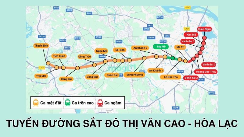 Vị trí ga tuyến metro Văn Cao - Hoà Lạc