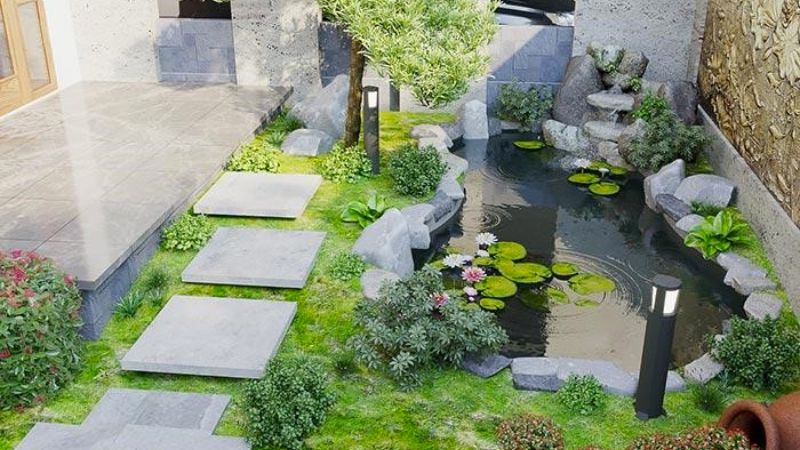 Tạo điểm nhấn bằng đá, sỏi trong sân vườn.