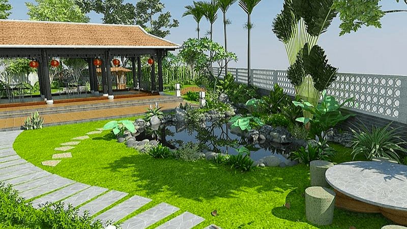 Bố trí tiểu cảnh với nhiều cây cỏ trong sân vườn.