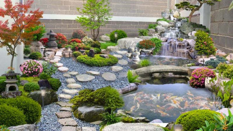 Kết hợp hồ nước hoặc suối trong sân vườn.