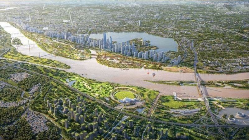 Phối cảnh trục đại lộ giao thông và cảnh quan dọc hai bờ sông Hồng