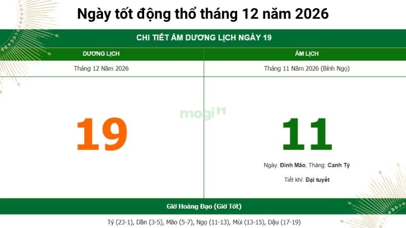 Ngày tốt động thổ 19/12/2026 (Ngày 11/11 Âm lịch)