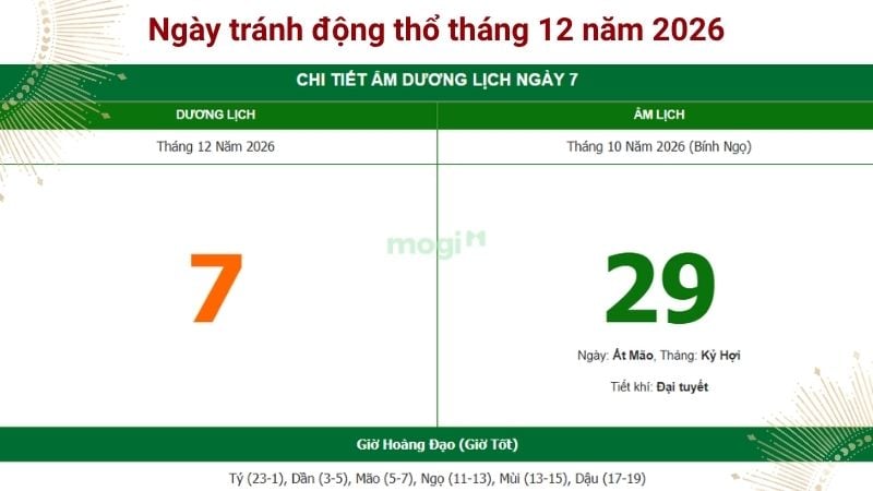 Cần tránh động thổ ngày 7/12/2026 (Ngày 29/10 Âm lịch)