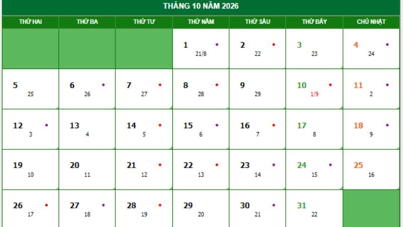 Lịch tháng 10 năm 2026 (Nguồn: Lịch Vạn Niên)