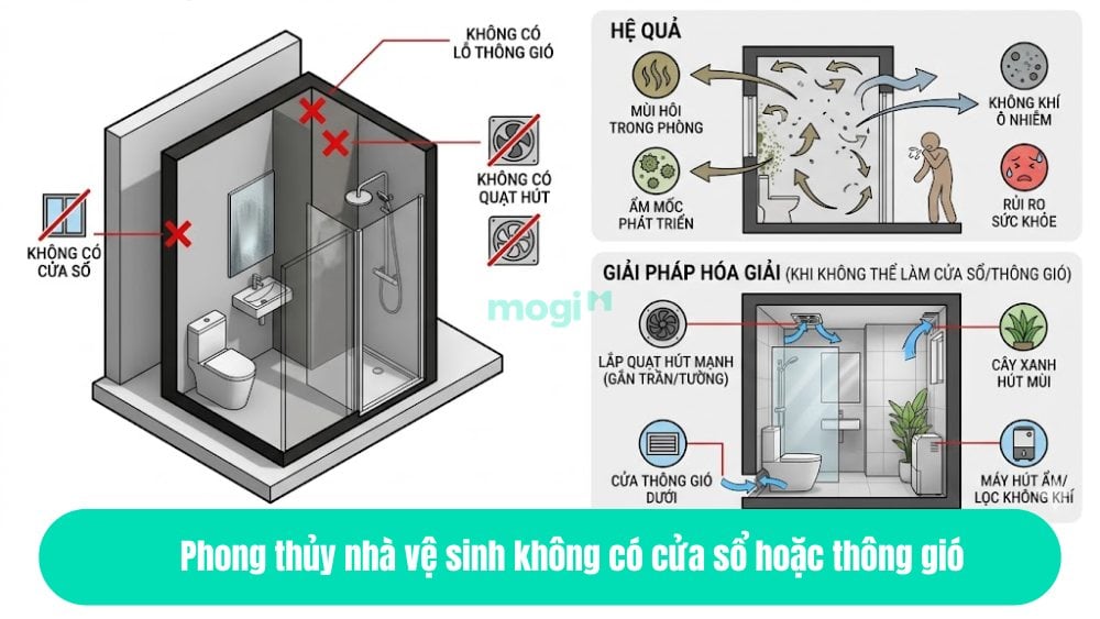 Phong thủy nhà vệ sinh và sự liên kết chặt chẽ với vận khí, may mắn 9 Phong thủy nhà vệ sinh không có cửa sổ hoặc thông gió