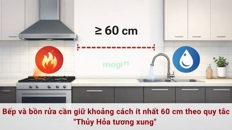 Phong thủy nhà bếp theo tuổi và hướng nhà: Những lưu ý cần biết 4 Bếp và bồn rửa cần giữ khoảng cách ít nhất 60 cm để không xung khắc năng lượng