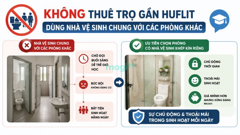 Phòng trọ gần trường HUFLIT: Kinh nghiệm thuê cần biết 6 Bất tiện khi thuê trọ dùng nhà vệ sinh chung đối với sinh viên HUFLIT