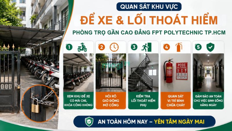 Kinh nghiệm thuê trọ gần trường Cao đẳng FPT Polytechnic TP.HCM 5 Hãy quan sát chỗ để xe và lối thoát hiểm của trọ gần Cao đẳng FPT Polytechnic